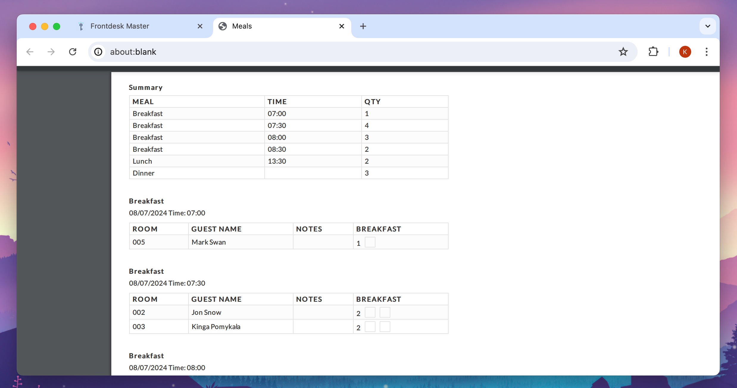 PDF printout of meals report