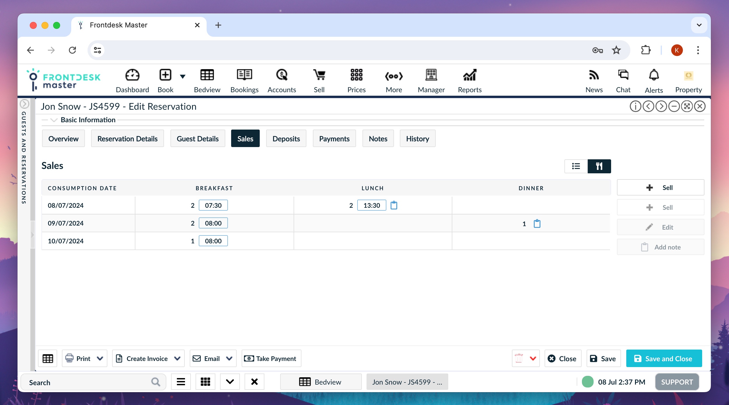 Meals management view in reservation