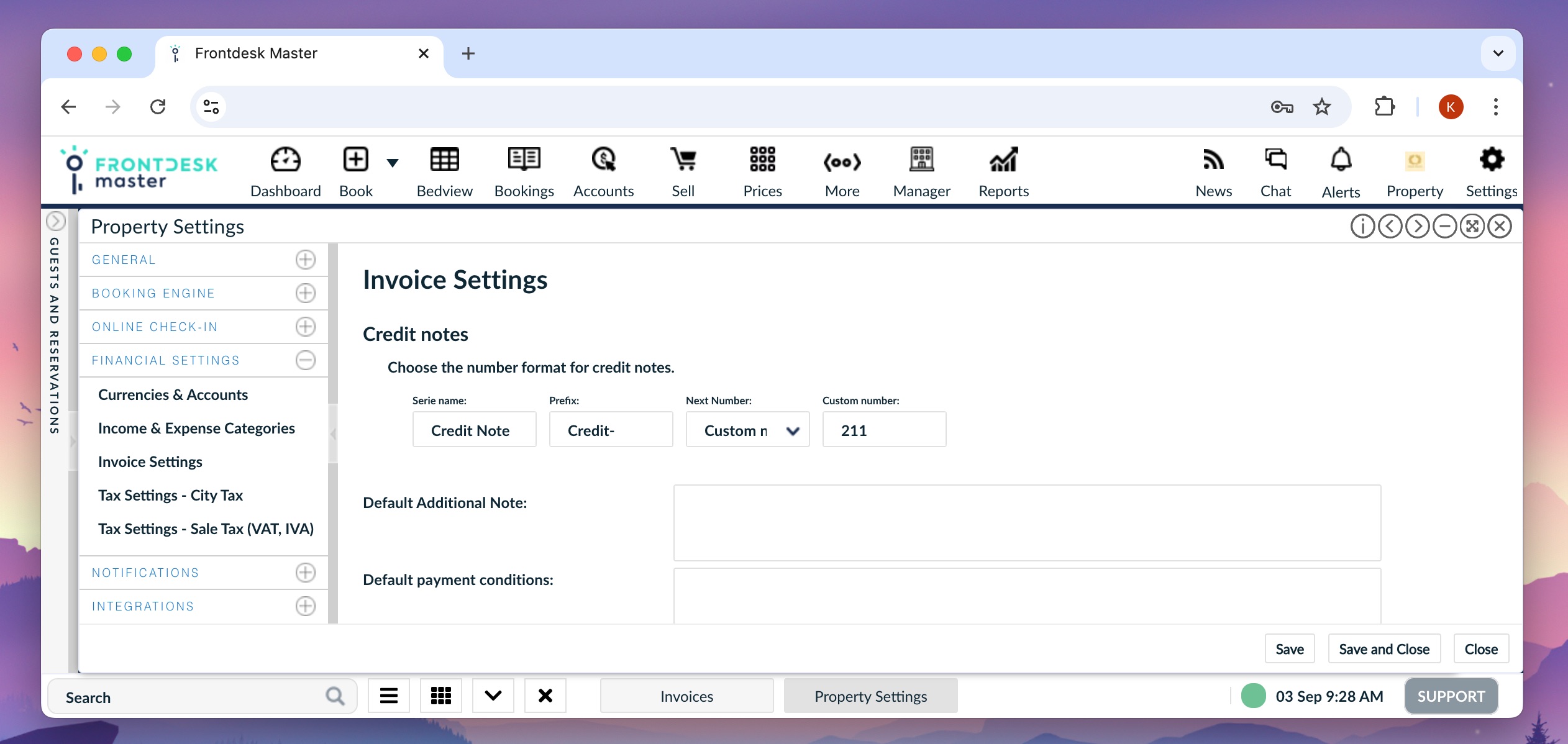 Credit note number settings