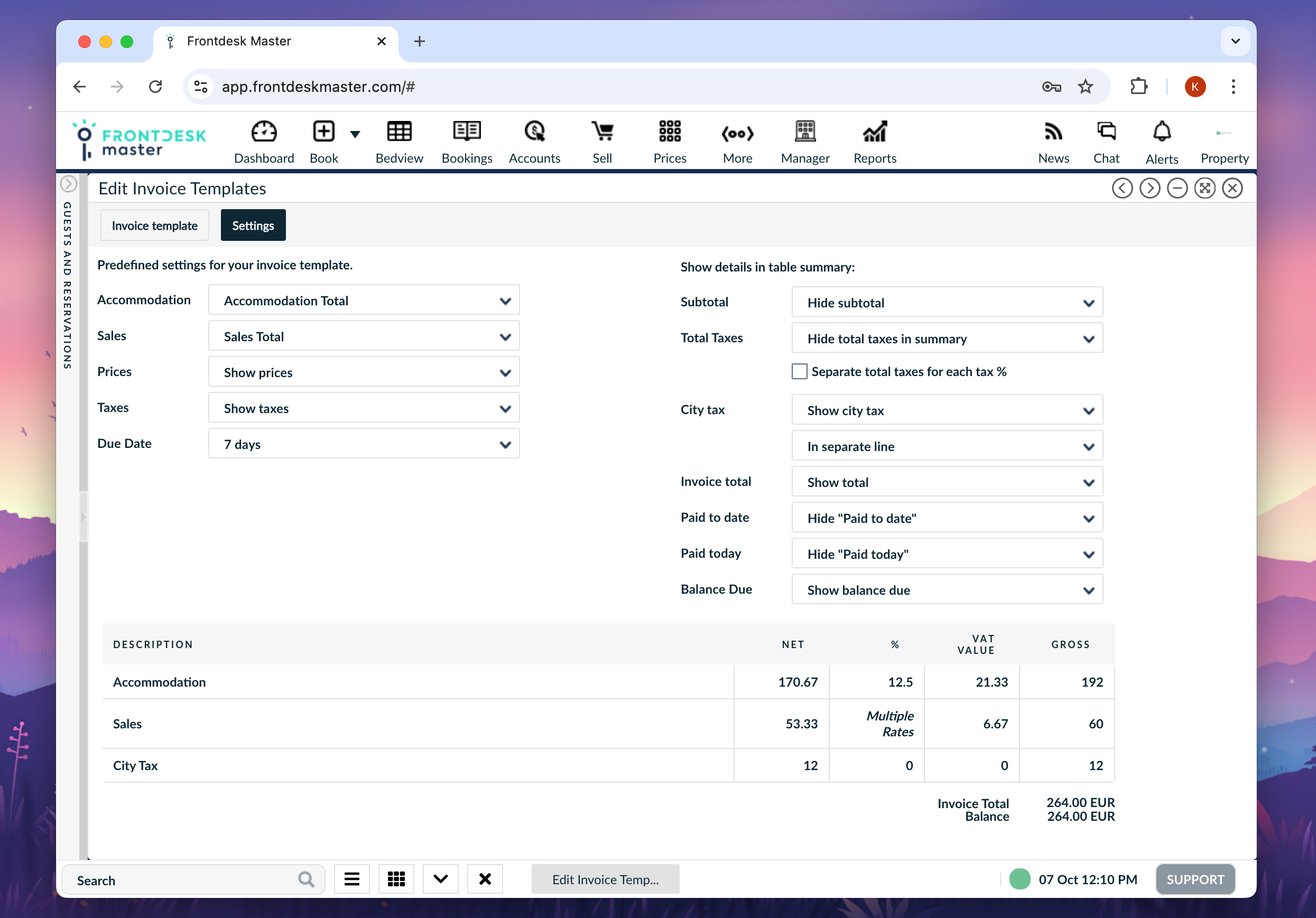 Invoice template settings